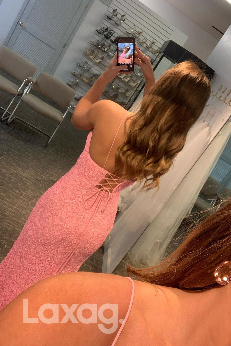 17766 - Spaghetti Straps Pink Prom Dress with Slit|LAXAG