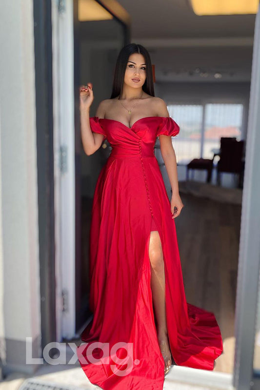 17770 - Off Shoulder Red Satin Long Prom Dress with Slit|LAXAG