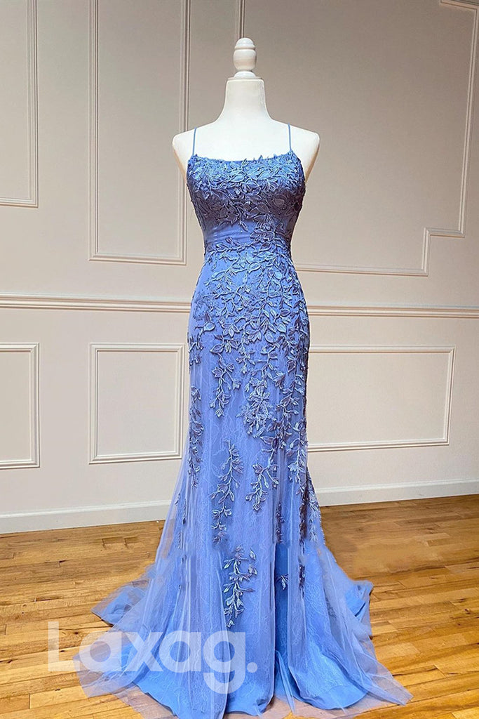 17771 - Spaghetti Straps Tulle Appliques Sheath Prom Dress|LAXAG