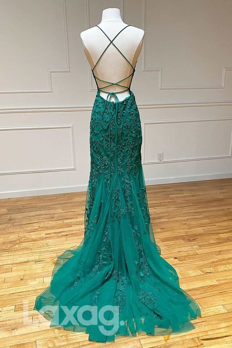 17771 - Spaghetti Straps Tulle Appliques Sheath Prom Dress|LAXAG