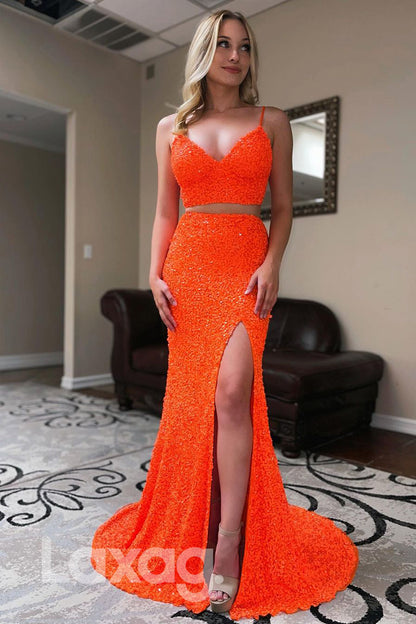 17773 - Spaghetti Straps Sequins Two-Piece Prom Dress |LAXAG