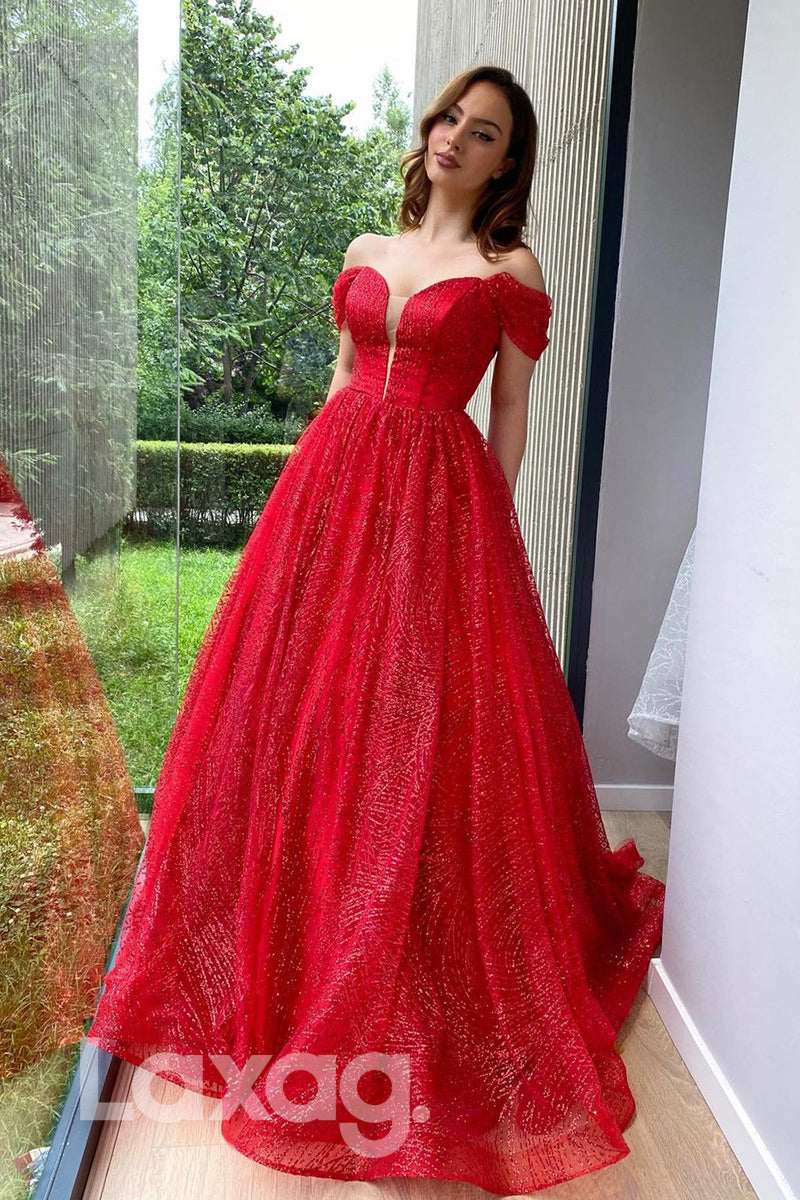 17776 - Off Shoulder A-line Red Sparkly Formal Evening Dress|LAXAG