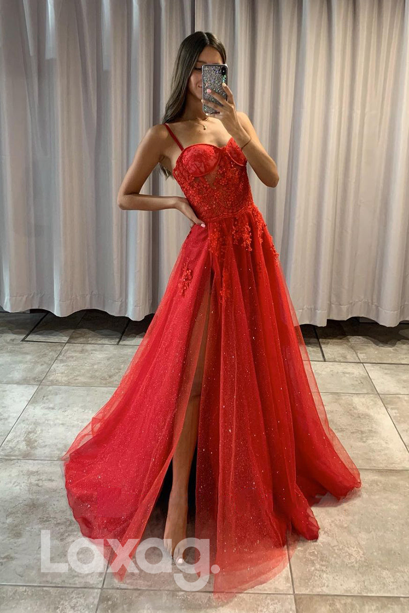17780 - Women's Spaghetti Straps Lace Applique Long Prom Dress with Slit|LAXAG