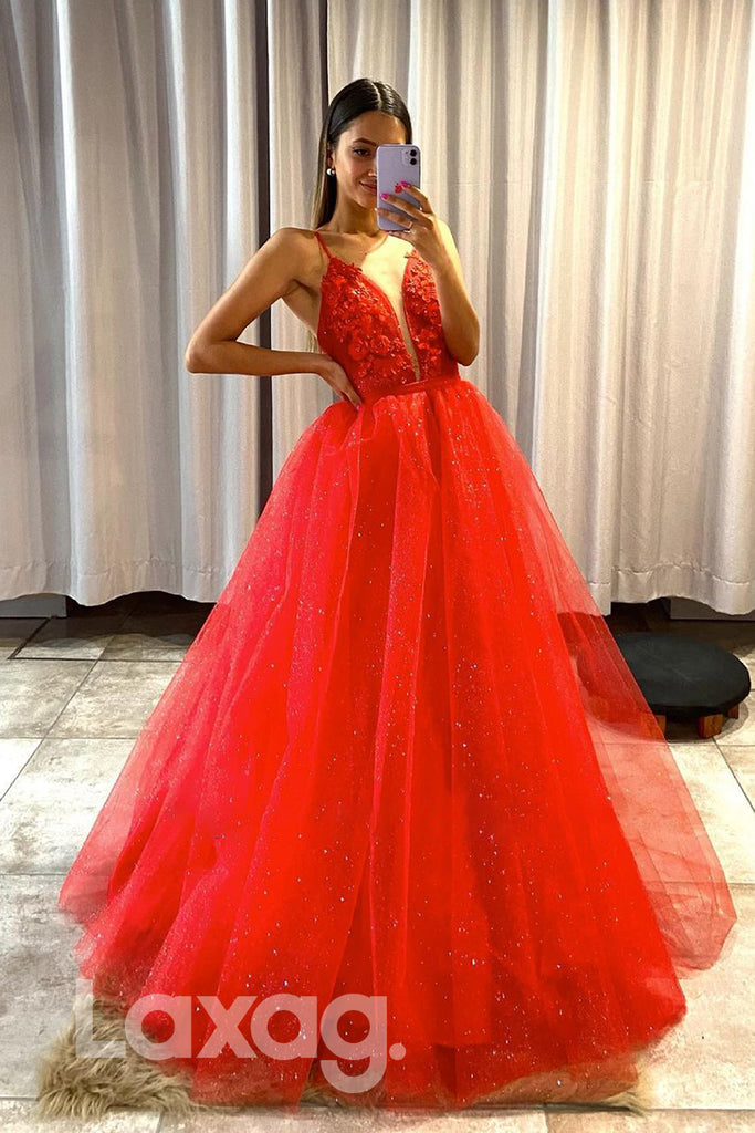 17782 - Plunging V-Neck Lace Applique Long Prom Dress with Detachable Skirt|LAXAG
