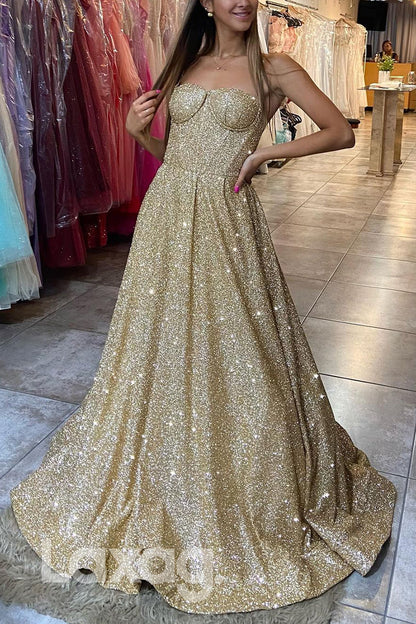 17784 - Spaghetti Straps Sweetheart Gold Sparkly Prom Dress with Pockets|laxag