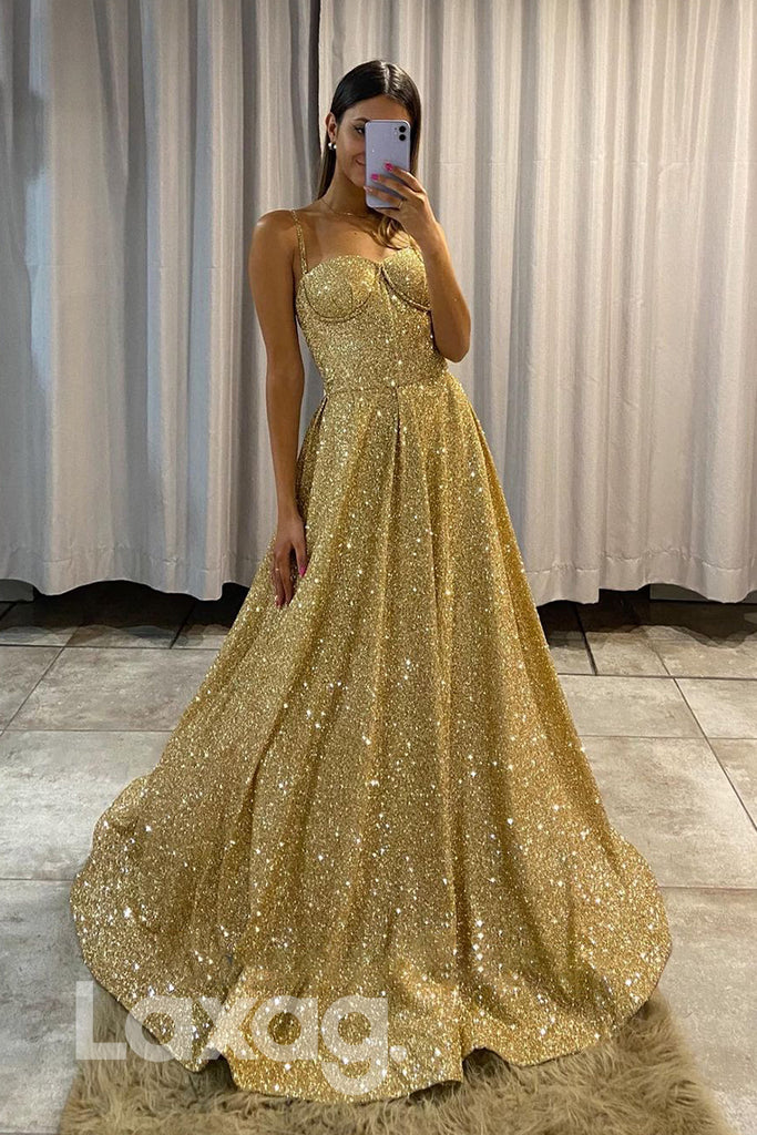 17784 - Spaghetti Straps Sweetheart Gold Sparkly Prom Dress with Pockets|laxag
