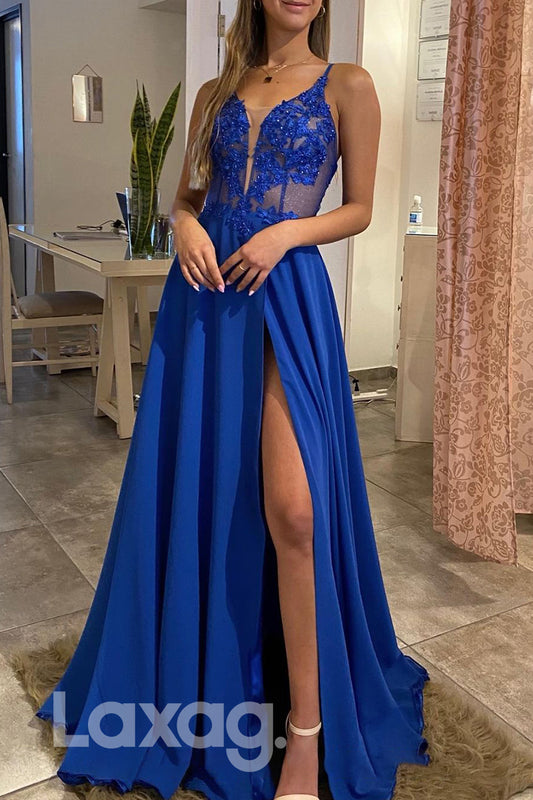 17785 - Plunging V-Neck Lace Appliques High Split Long Prom Dress|LAXAG
