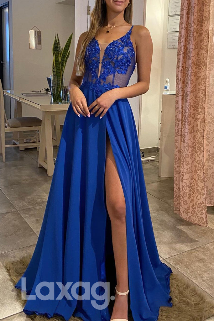 17785 - Plunging V-Neck Lace Appliques High Split Long Prom Dress|LAXAG