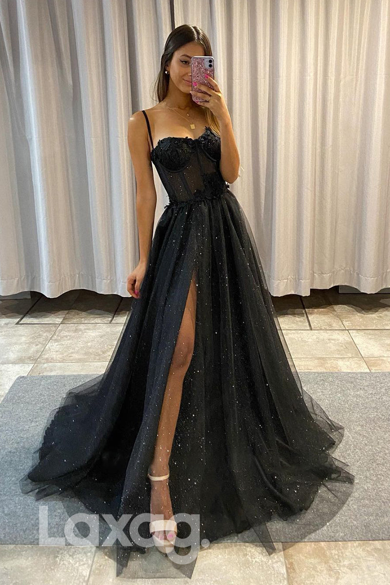 17787 - Spaghetti Straps Lace Applique Long Prom Dress with Slit|LAXAG
