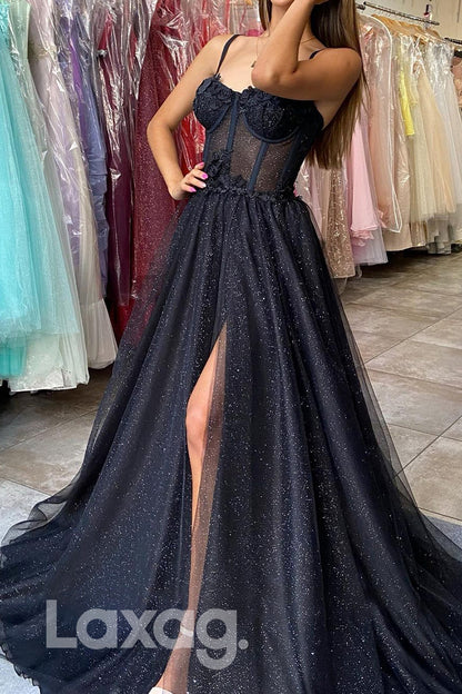 17787 - Spaghetti Straps Lace Applique Long Prom Dress with Slit|LAXAG