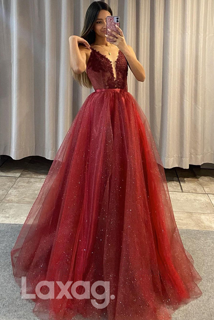17788 - Plunging V-Neck Lace Applique Long Prom Dress with Detachable Skirt|LAXAG
