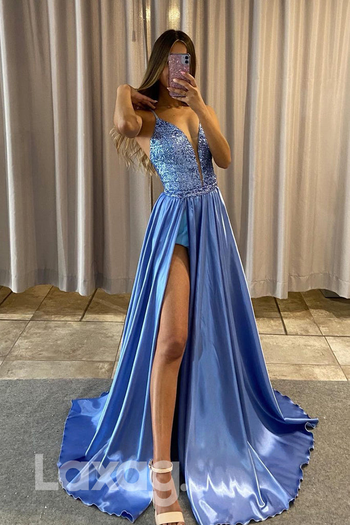 17789 - Plunging V-Neck Detachable Skirt Long Prom Dress with Slit|LAXAG