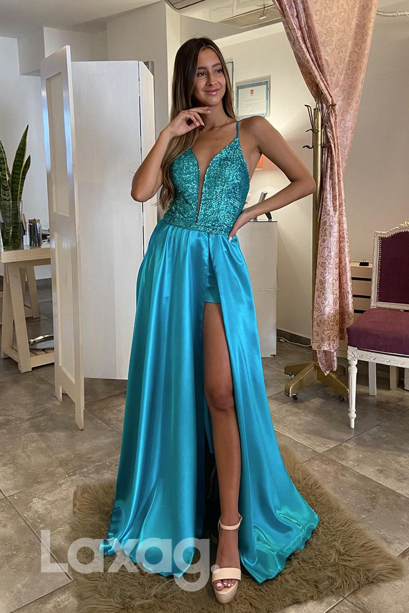 17789 - Plunging V-Neck Detachable Skirt Long Prom Dress with Slit|LAXAG