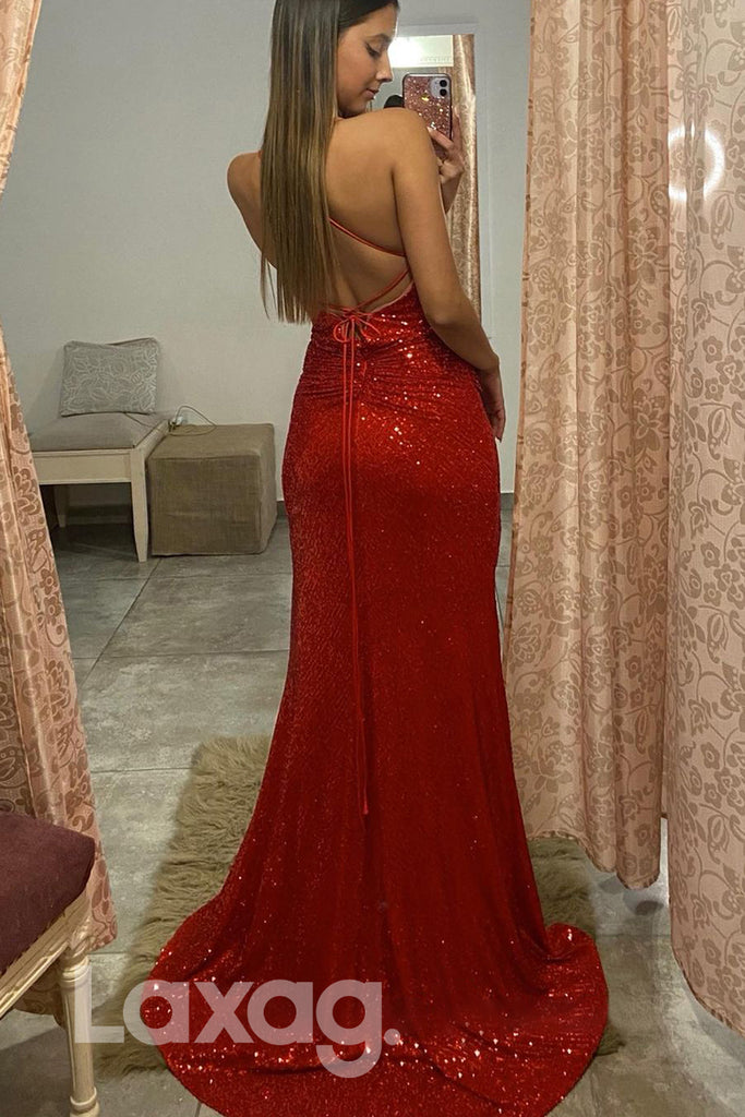 17791 - Sexy V-Neck Red Sequin Long Prom Dress with Slit|LAXAG