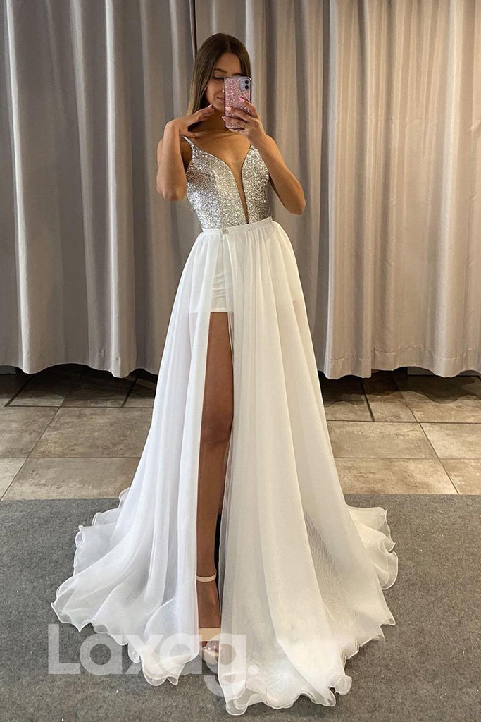 17795 - Attractive V-neck Sequins Detachable Skirt Prom Dress with Slit|LAXAG
