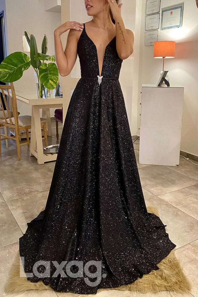 17796 - Plunging V-neck Black Sequin Sparkly Prom Dress|laxag
