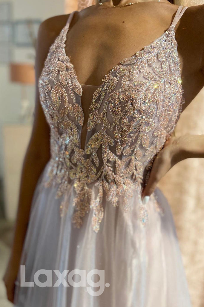 17797 - Women's Spaghetti Straps Applique Long Prom Dress|laxag