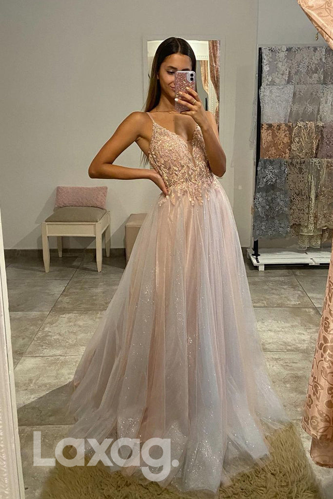 17797 - Women's Spaghetti Straps Applique Long Prom Dress|laxag