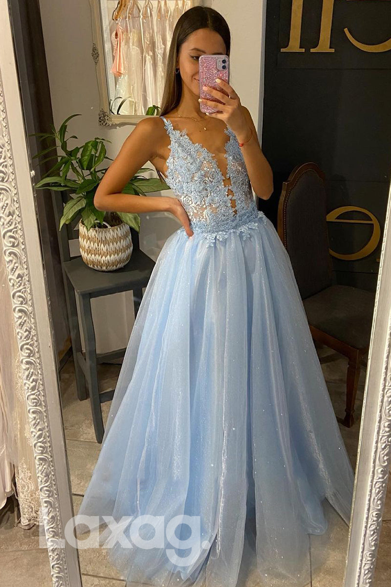 17798 - Attractive V-Neck Lace Applique Long Prom Dress with Detachable|LAXAG