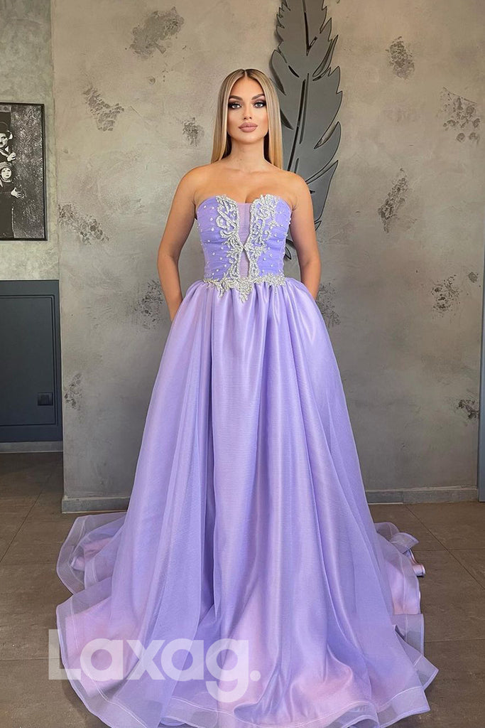 18761 - Sweetheart Beads Purple Long Formal Prom Evening Gowns with Pockets|LAXAG