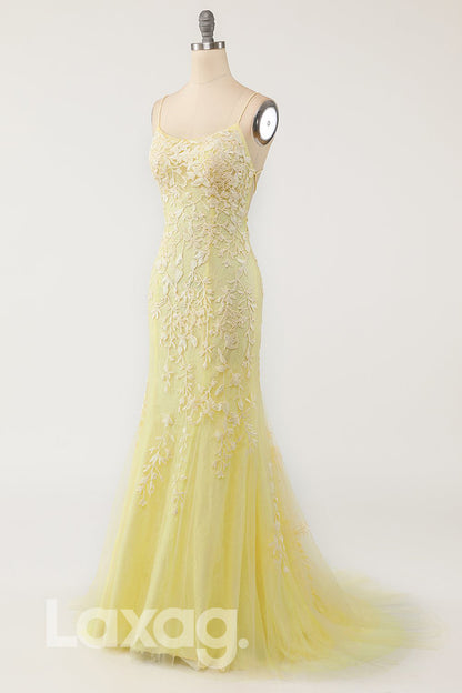 18766 - Women's Scoop Lace Applique Sheath Prom Dress