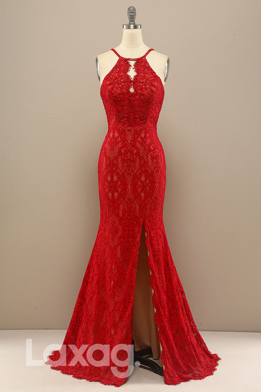 18768 - Chic Halter Lace Beads Mermaid Formal Evening Dress with Slit|LAXAG