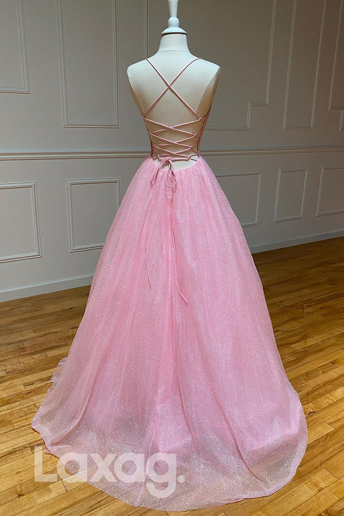 18770 - Women's Spaghetti Straps Pink Sparkly Prom Dress with Pockets|LAXAG