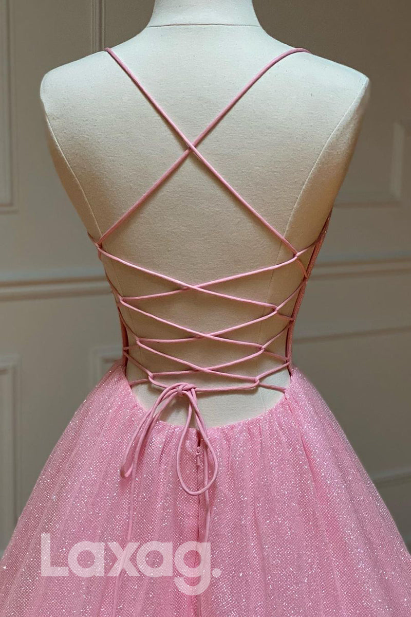 18770 - Women's Spaghetti Straps Pink Sparkly Prom Dress with Pockets|LAXAG
