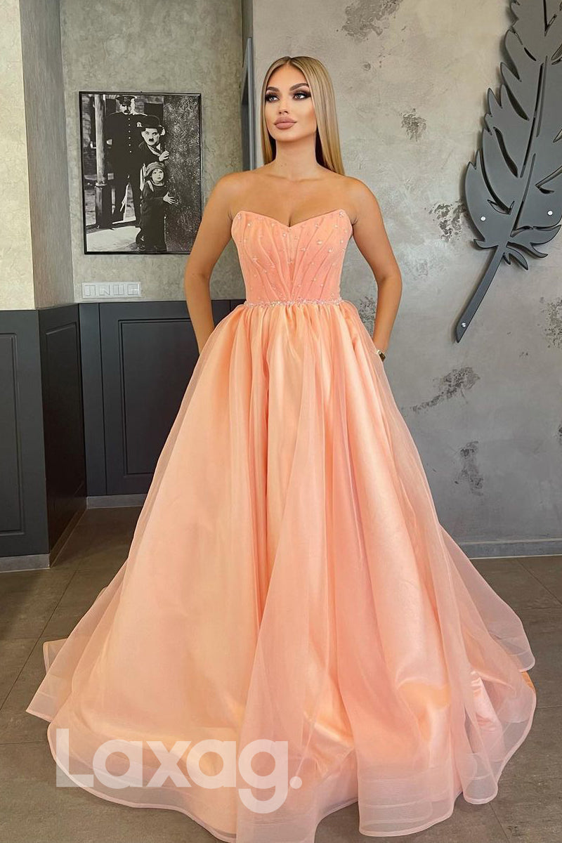 18772 - Sweetheart Pink Tulle Beads A-line Long Prom Dress with Pockets|LAXAG