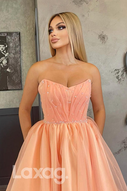 18772 - Sweetheart Pink Tulle Beads A-line Long Prom Dress with Pockets|LAXAG