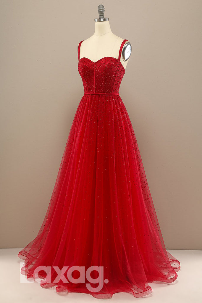 18775 - Women's Spaghetti Straps Red Tulle Beads Long Prom Dresses Glitter|LAXAG