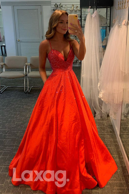 16808 - A-line V-neck Red Satin Beads Long Prom Dress with Pockets|LAXAG