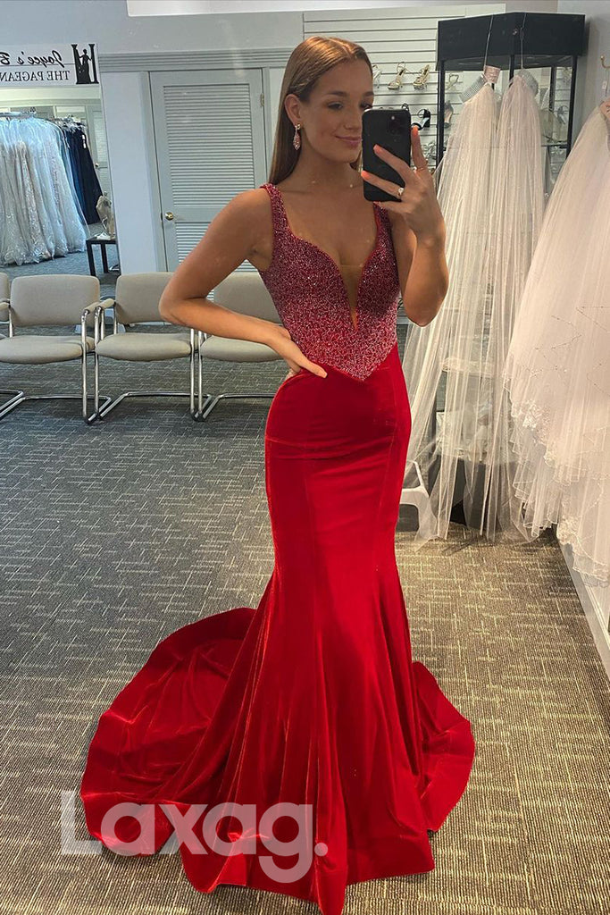 16815 - Plunging V-neck Red Velvet Beads Mermaid Prom Dress|LAXAG