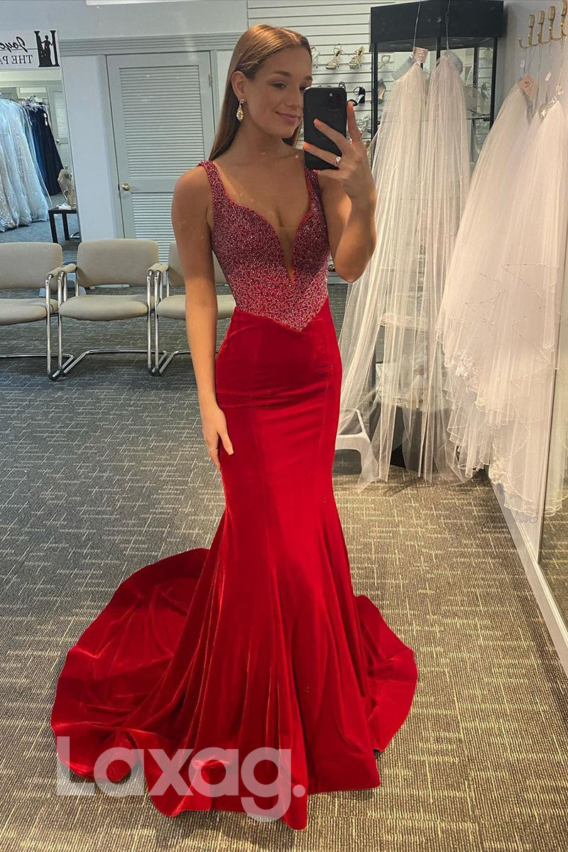 16815 - Plunging V-neck Red Velvet Beads Mermaid Prom Dress|LAXAG