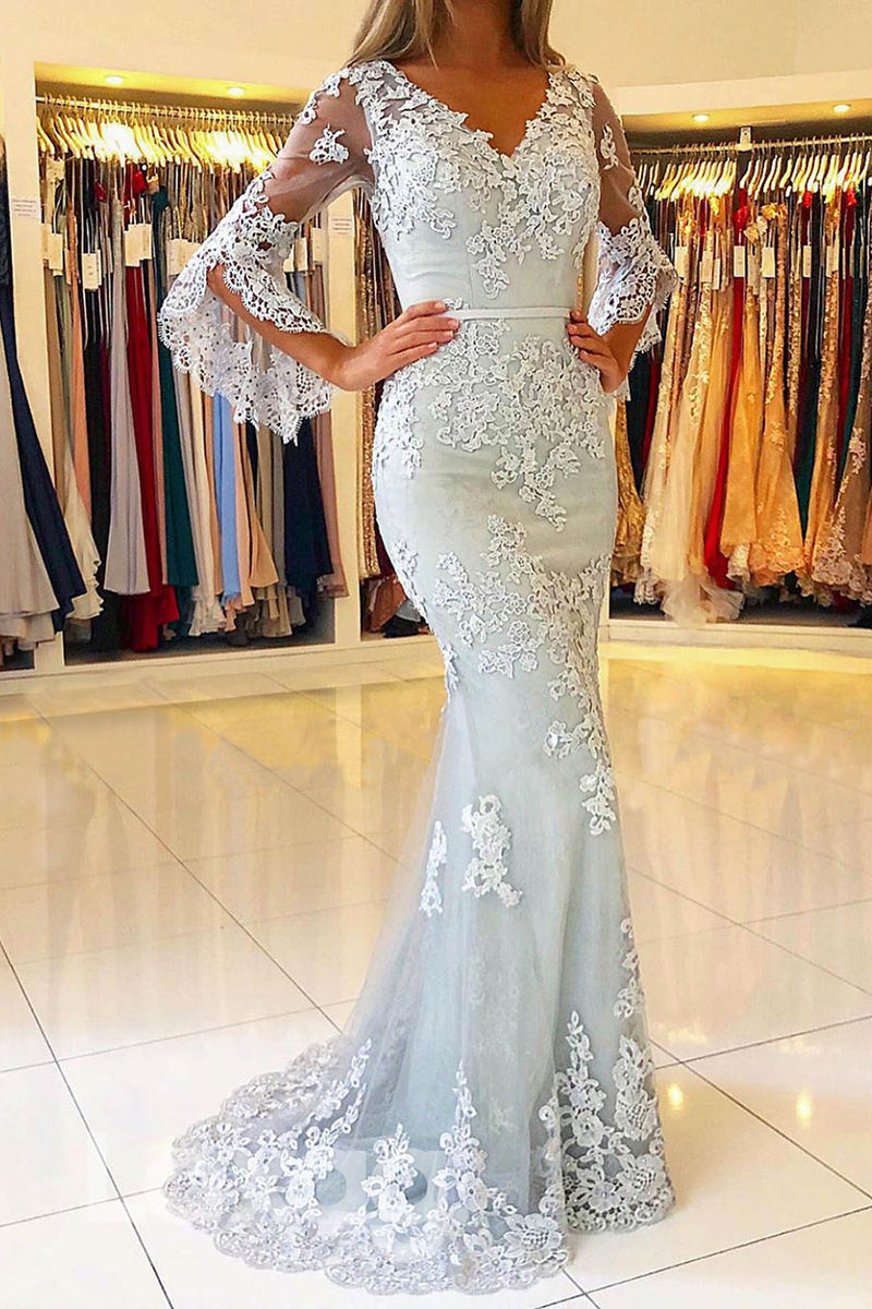 14784 - V-Neck Lace Long Mermaid Gown With Long Bell Sleeves - Laxag