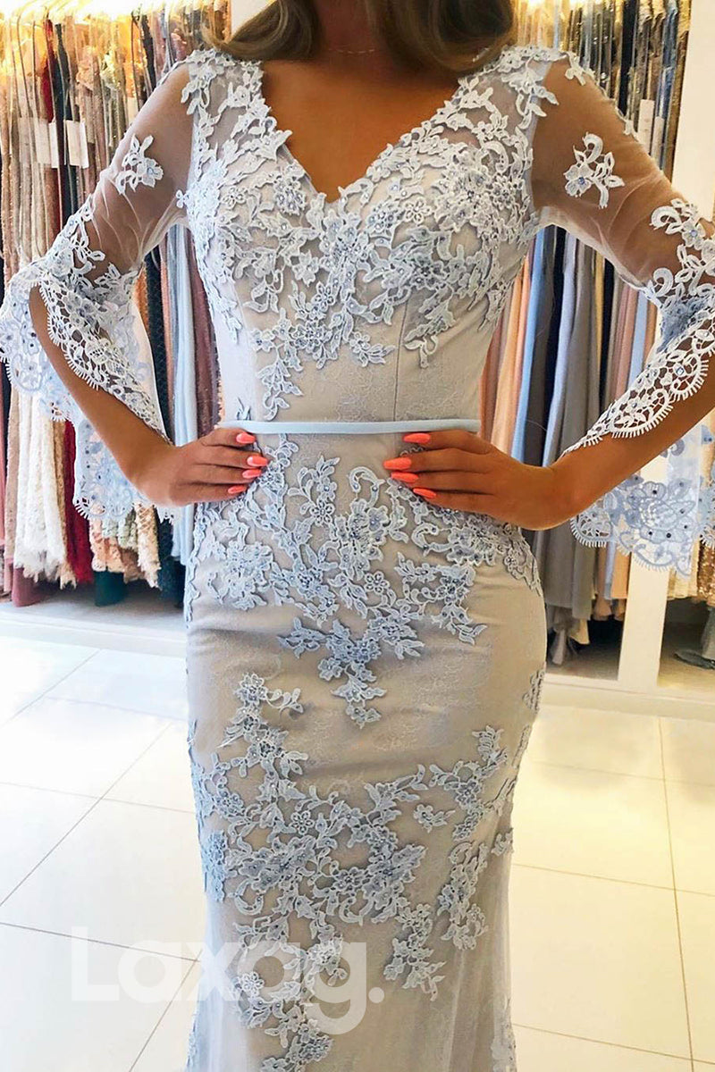 14784 - V-Neck Lace Long Mermaid Gown With Long Bell Sleeves - Laxag
