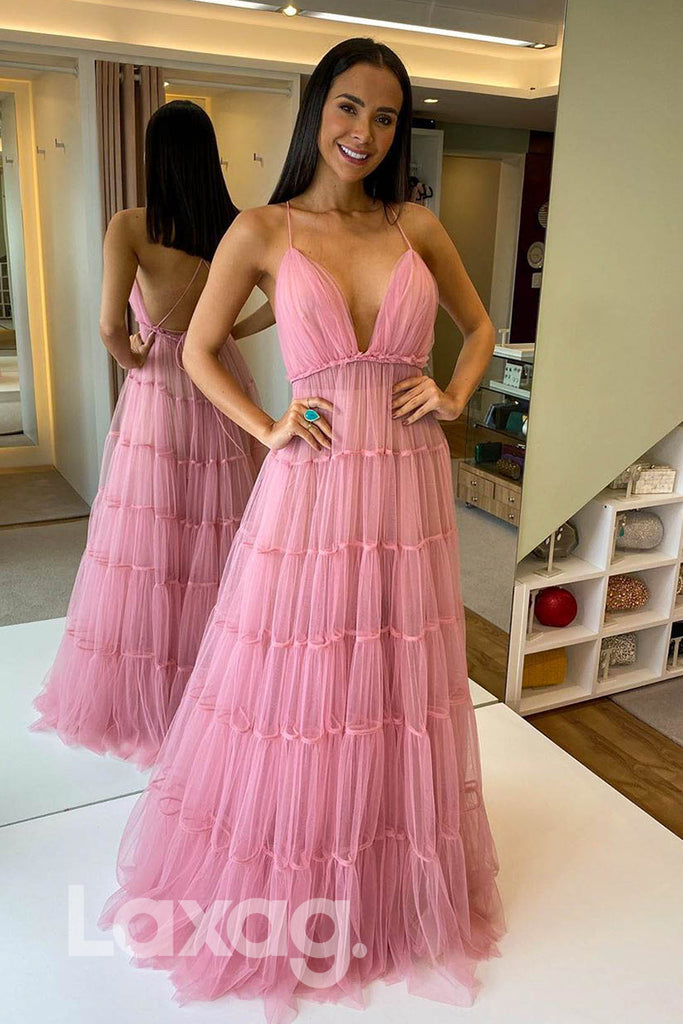 14791 - Plunging Sleeveless Crisscross Open Back Tulle Gown - Laxag