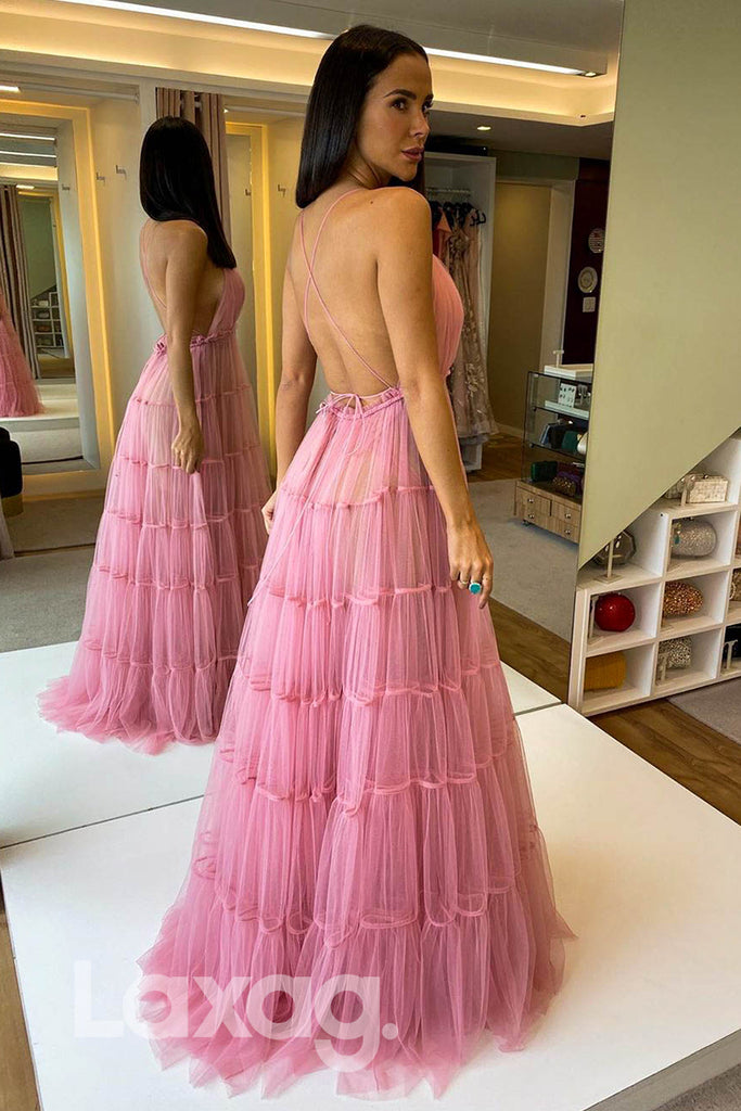 14791 - Plunging Sleeveless Crisscross Open Back Tulle Gown - Laxag