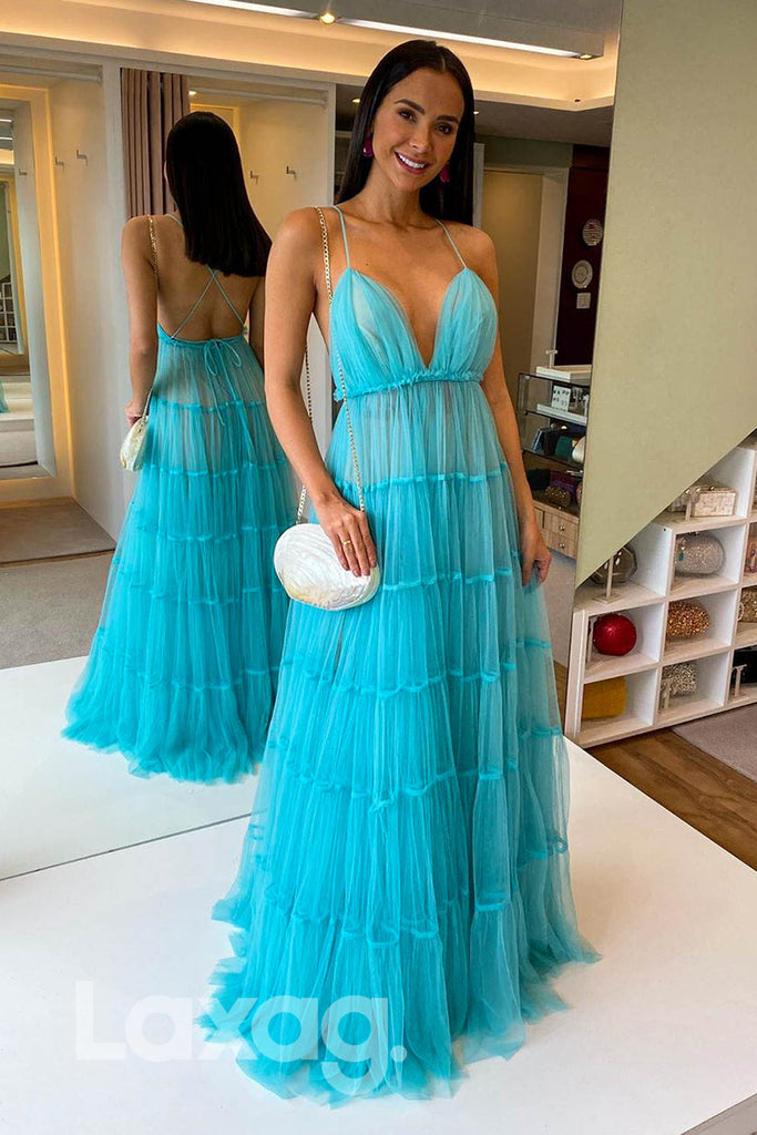 14791 - Plunging Sleeveless Crisscross Open Back Tulle Gown - Laxag