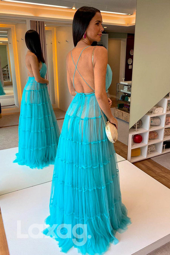 14791 - Plunging Sleeveless Crisscross Open Back Tulle Gown - Laxag
