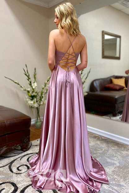15728 - Plunging V-neck High Split A-line Prom Dress with Pockets|LAXAG