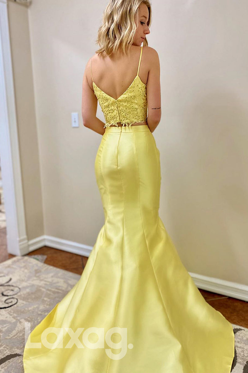 15729 - Spaghetti Straps Yellow Satin Two-Piece Prom Dress|LAXAG