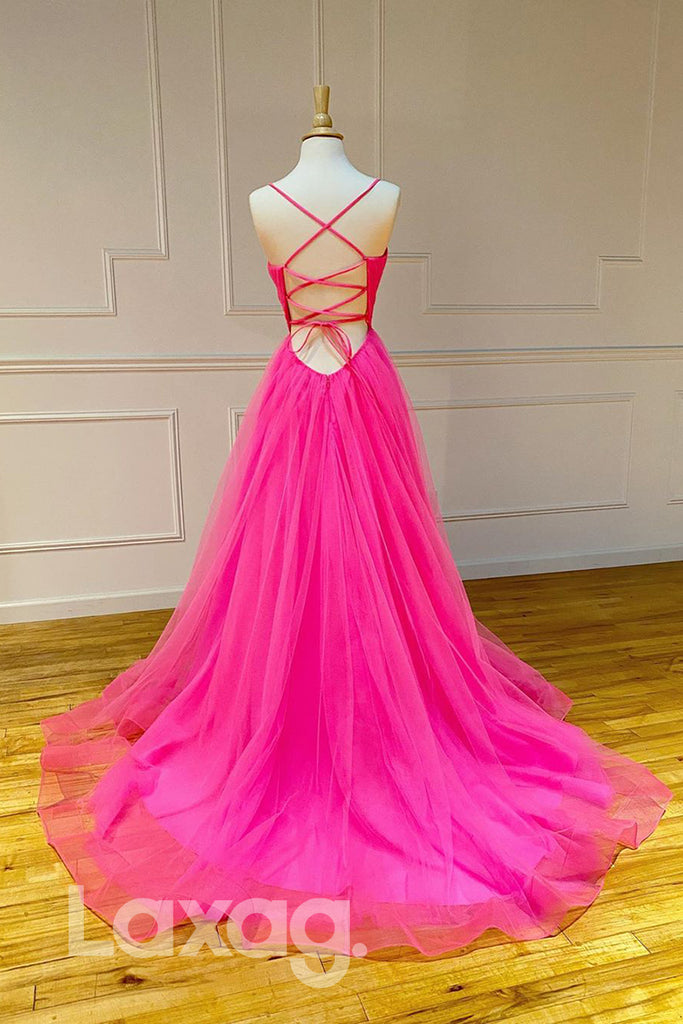 15731 - Spaghetti Straps Hot Pink Tulle A-line Prom Dress|LAXAG