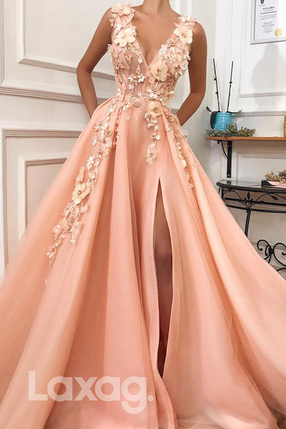 15760 - Deep V-neck 3D Appliques High Split Long Prom Dress with Pockets|LAXAG