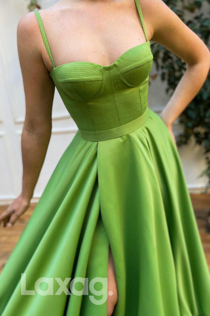 15772- Spaghetti Straps Green Satin High Split Long Formal Dress|LAXAG