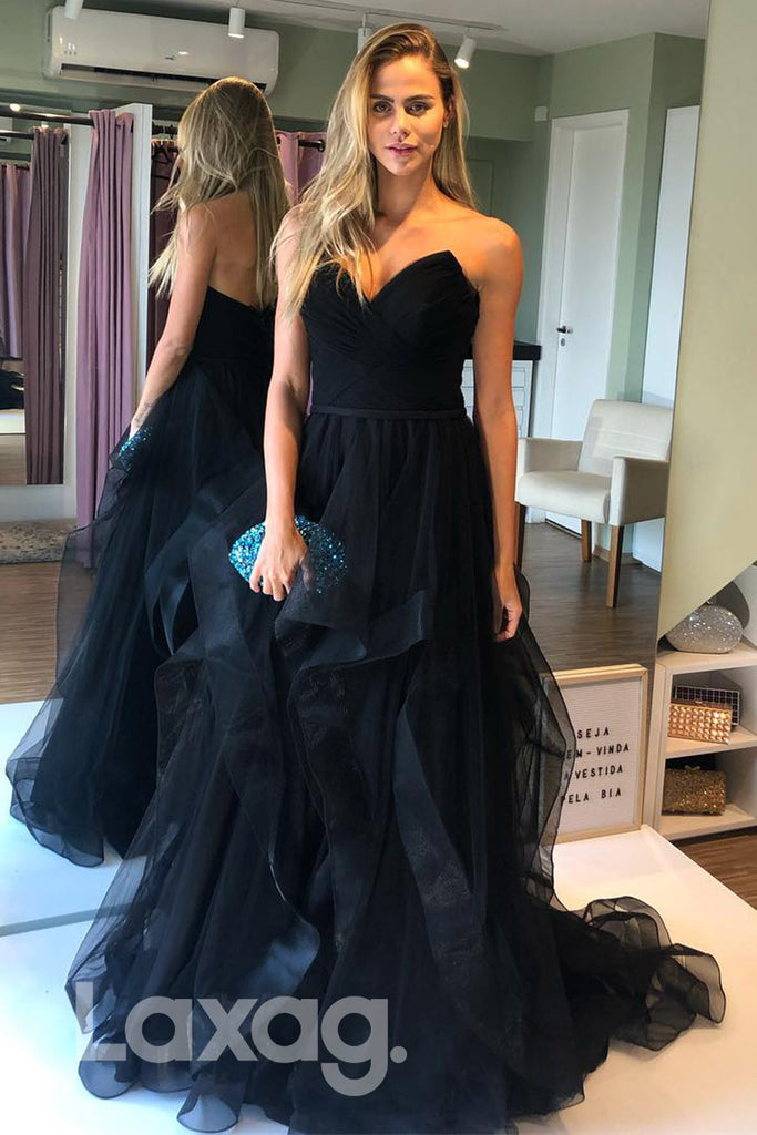 16725 - Plunging V-neck Black Tulle A-line Formal Dress|LAXAG