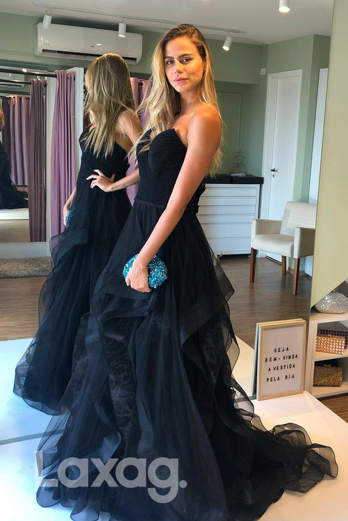 16725 - Plunging V-neck Black Tulle A-line Formal Dress|LAXAG