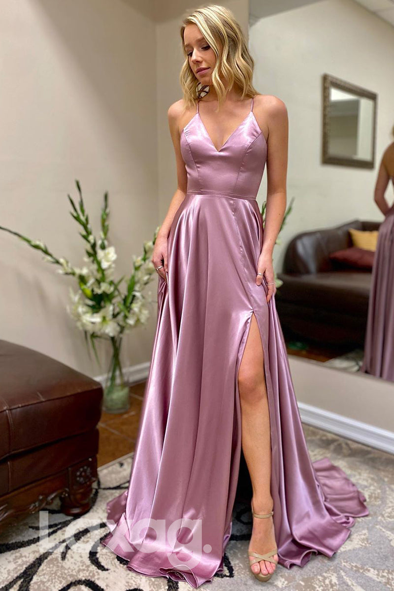 15728 - Plunging V-neck High Split A-line Prom Dress with Pockets|LAXAG