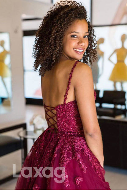12161 - A-line Spaghetti Straps Tulle Appliques Burgundy Homecoming Dress|LAXAG