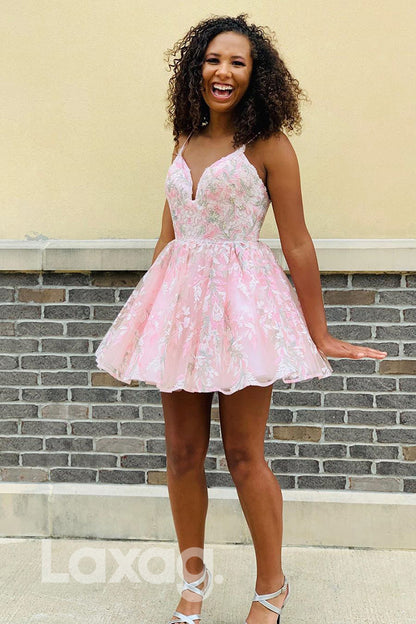 12166 - A-line V-neck Lace Cute Homecoming Dress|LAXAG